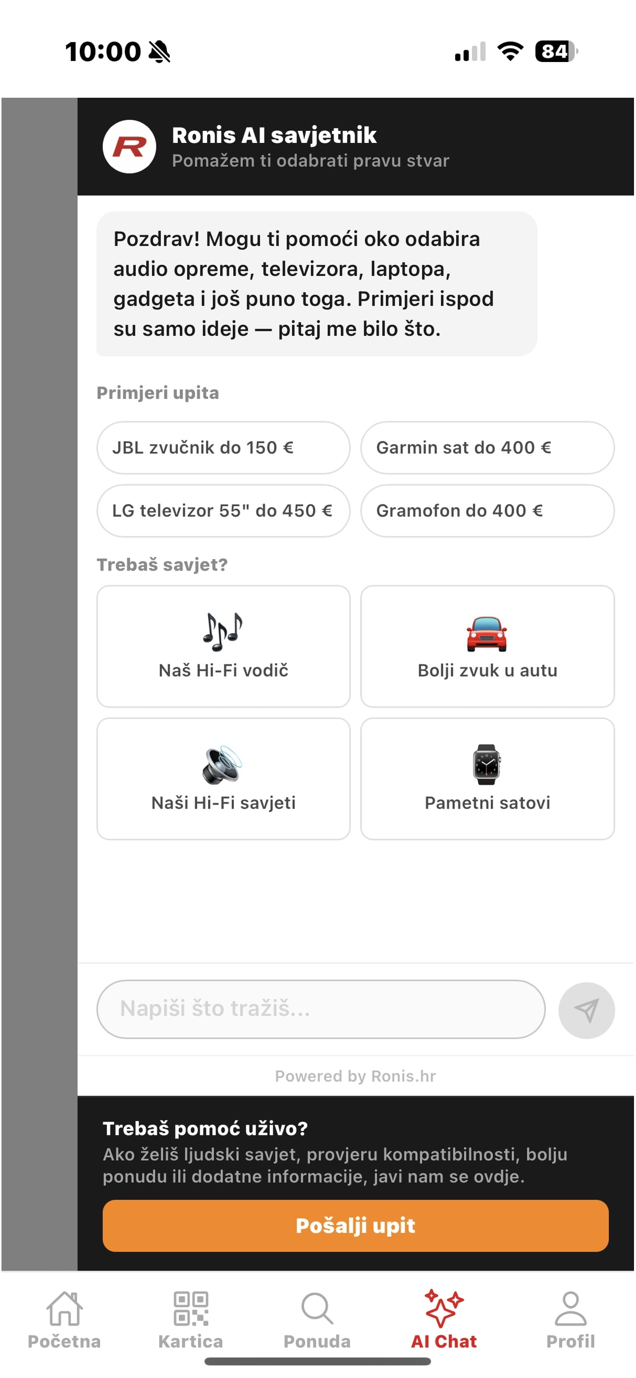 Ronis AI savjetnik u Loyalty aplikaciji